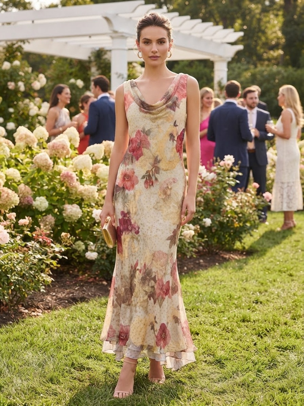 Tom Barra Collection Cowl-Neck Floral Maxi Dress 18W